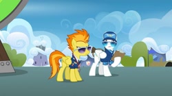 Size: 2160x1210 | Tagged: safe, screencap, spitfire, pegasus, pony, g4, wonderbolts academy, clipboard, clothes, cloud, dizzitron, duo, duo male and female, female, male, mare, necktie, needs more jpeg, spitfire's tie, spitfire's whistle, stallion, sunglasses, uniform, whistle, whistle necklace, wonderbolts dress uniform