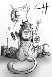 Size: 2434x3631 | Tagged: safe, artist:capt_hairball, oc, oc:paneer masala, classical unicorn, pony, unicorn, fallout equestria, butt, choker, clothes, cloven hooves, female, high res, horn, jacket, leonine tail, leotard, looking at you, looking back, looking back at you, plot, scar, simple background, solo, straps, the ass was fat, tools, unshorn fetlocks