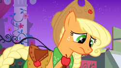 Size: 1920x1080 | Tagged: safe, screencap, applejack, earth pony, pony, g4, season 1, the best night ever, 1080p, clothes, dress, female, frown, gala dress, mare, sad, solo