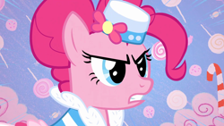 Size: 1920x1080 | Tagged: safe, screencap, pinkie pie, earth pony, pony, g4, season 1, the best night ever, 1080p, abstract background, angry, candy, candy cane, clothes, dress, female, food, gala dress, gritted teeth, hat, lollipop, mare, narrowed eyes, pinkie pie is not amused, solo, sweets, teeth, unamused