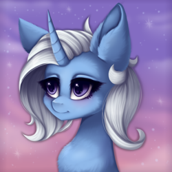 Size: 2000x2000 | Tagged: safe, artist:saltyvity, trixie, pony, unicorn, g4, big ears, big eyes, blue pony, blushing, cute, ear fluff, embarrassed, female, fluffy, happy, happy face, high res, purple background, purple eyes, shadow, simple background, sky, smiling, solo, sparkles, stars, sunset, white mane