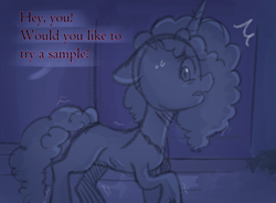 Size: 967x712 | Tagged: safe, anonymous artist, misty brightdawn, pony, unicorn, series:misty pov, g5, concave belly, cornrows, dialogue, ears back, emaciated, female, implied dahlia, injured, jewelry, limited palette, mare, medallion, necklace, offscreen character, raised hoof, ribs, shaking, skinny, solo, sweat, sweatdrop, sweatdrops, thin