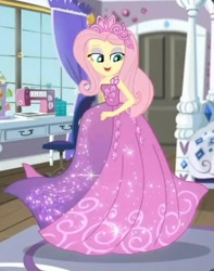 Size: 1222x1551 | Tagged: safe, screencap, fluttershy, human, costume conundrum, equestria girls, equestria girls series, g4, spoiler:eqg series (season 2), bare shoulders, beautiful, bedroom, clothes, costume conundrum: rarity, cropped, dress, flutterbeautiful, gown, jewelry, princess costume, princess fluttershy, rarity's bedroom (equestria girls), sewing machine, sleeveless, solo, strapless, tiara, twirl