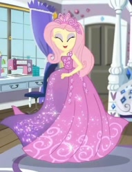 Size: 1200x1574 | Tagged: safe, screencap, fluttershy, human, costume conundrum, costume conundrum: rarity, equestria girls, g4, my little pony equestria girls: better together, bare shoulders, beautiful, bedroom, clothes, cropped, dress, eyes closed, flutterbeautiful, gown, happy, jewelry, princess costume, princess fluttershy, rarity's bedroom (equestria girls), sewing machine, sleeveless, solo, strapless, tiara, twirl