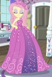 Size: 1076x1592 | Tagged: safe, screencap, fluttershy, human, costume conundrum, costume conundrum: rarity, equestria girls, g4, my little pony equestria girls: better together, bare shoulders, beautiful, bedroom, clothes, cropped, dress, eyes closed, flutterbeautiful, gown, happy, jewelry, princess costume, princess fluttershy, rarity's bedroom (equestria girls), sewing machine, sleeveless, solo, strapless, tiara