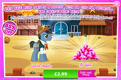 Size: 1958x1298 | Tagged: safe, gameloft, star spur, earth pony, pony, g4, my little pony: magic princess, advertisement, appleloosa resident, background character, background pony, clothes, costs real money, cowboy hat, english, gem, hat, introduction card, junior deputy, male, mobile game, numbers, sale, sheriff's badge, solo, stallion, text, vest