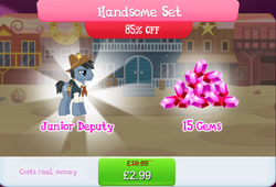 Size: 1267x860 | Tagged: safe, gameloft, star spur, earth pony, pony, g4, my little pony: magic princess, appleloosa resident, background character, background pony, bundle, clothes, costs real money, cowboy hat, english, gem, handsome, handsome set, hat, junior deputy, male, mobile game, numbers, sale, sheriff's badge, solo, stallion, text, vest