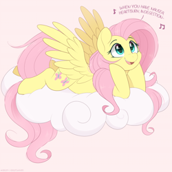 Size: 1200x1200 | Tagged: safe, artist:higglytownhero, fluttershy, pegasus, pony, g4, cloud, cute, dissonant caption, female, lying down, mare, music notes, on a cloud, open mouth, pepto-bismol, prone, shyabetes, singing, solo, text