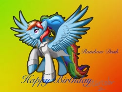 Size: 1440x1080 | Tagged: safe, artist:starcolor, rainbow dash, pegasus, pony, fanfic:rainbow factory, g4, birthday, fanfic art, gradient background, happy birthday, happy birthday mlp:fim, rainbow factory dash, solo