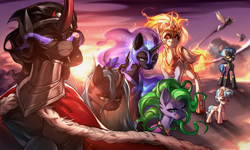 Size: 2478x1487 | Tagged: safe, artist:minekoo2, cozy glow, daybreaker, descent, king sombra, mane-iac, nightmare moon, nightshade, queen chrysalis, alicorn, changeling, pegasus, pony, unicorn, g4, cloud, female, group shot, male, mare, outdoors, shadowbolts, sky, stallion, sunrise, villains of equestria