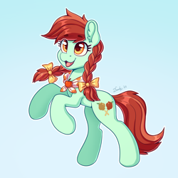 Size: 2480x2480 | Tagged: safe, artist:dandy, candy apples, earth pony, pony, g4, apple, apple family member, bow, braid, braided pigtails, clothes, cute, ear fluff, eye clipping through hair, eyebrows, eyebrows visible through hair, female, food, hair bow, happy, high res, mare, open mouth, pigtails, scarf, simple background, solo