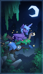 Size: 1430x2440 | Tagged: safe, artist:yakovlev-vad, princess luna, alicorn, butterfly, pony, g4, cliff, crescent moon, female, folded wings, forest, glowing, glowing horn, horn, levitation, lidded eyes, looking right, lying down, magic, magic aura, mare, moon, nature, prone, reading, s1 luna, scenery, scroll, solo, telekinesis, tree, wings