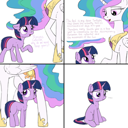 Size: 2000x2000 | Tagged: safe, artist:uteuk, princess celestia, twilight sparkle, alicorn, pony, unicorn, g4, ..., 4 panel comic, blank flank, comic, disappointed, duo, female, filly, filly twilight sparkle, floppy ears, foal, high res, hoof shoes, leap year, looking at each other, looking at someone, simple background, unicorn twilight, walking, white background, younger