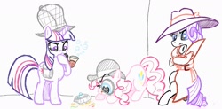 Size: 1993x984 | Tagged: safe, artist:jack107401, pinkie pie, rarity, twilight sparkle, pony, g4, bag, bowler hat, bubble, bubble pipe, deerstalker, detective, detective rarity, food, hat, magnifying glass, mane, pie, pipe, saddle bag, sherlock sparkle, simple background, trio, white background