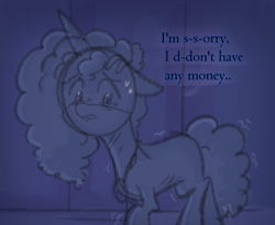 Size: 770x630 | Tagged: safe, anonymous artist, misty brightdawn, pony, unicorn, series:misty pov, g5, curly mane, dialogue, emaciated, female, floppy ears, jewelry, malnourished, mare, medallion, necklace, ribs, sad, skinny, solo, thin