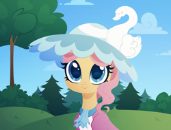 Size: 3000x2270 | Tagged: safe, artist:belka-sempai, swan song, earth pony, pony, g4, bust, female, hat, high res, mare, scenery, smiling, solo