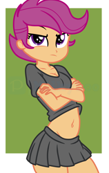 Size: 3312x5232 | Tagged: safe, artist:milkyboo898, scootaloo, human, equestria girls, g4, belly button, breasts, clothes, crossed arms, female, midriff, scootaloo is not amused, short shirt, skirt, solo, unamused