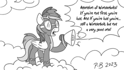 Size: 1200x675 | Tagged: safe, artist:pony-berserker, rainbow dash, pegasus, pony, pony-berserker's twitter sketches, pony-berserker's twitter sketches (2023), g4, clothes, cloud, megaphone, monochrome, solo, uniform, wonderbolts, wonderbolts uniform, yelling