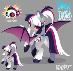Size: 1525x1500 | Tagged: safe, artist:zombie, oc, oc only, oc:datura dahlia, bat pony, pony, adoptable, bat pony oc, bat wings, fangs, female, looking at you, looking back, tongue out, wings, yellow sclera