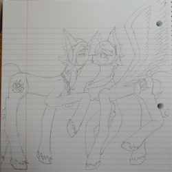 Size: 3120x3120 | Tagged: safe, artist:asiandra dash, pegasus, pony, unicorn, ahoge, clothes, ear piercing, earring, genshin impact, high res, jewelry, kamisato ayato (genshin impact), lined paper, open mouth, pencil drawing, piercing, ponified, raised hoof, scarf, sketch, spread wings, surprised, tartaglia (genshin impact), tongue out, traditional art, unshorn fetlocks, wings