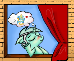 Size: 539x450 | Tagged: safe, artist:katy_moonlight, bon bon, lyra heartstrings, sweetie drops, pony, unicorn, g4, brick wall, curtains, emoji, implied bon bon, implied lesbian, implied lyrabon, implied shipping, solo, thinking, window