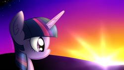 Size: 1024x576 | Tagged: safe, artist:princessfaeron, twilight sparkle, pony, g4, solo, sunset