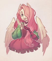 Size: 1653x1958 | Tagged: safe, artist:miss_glowwormis, fluttershy, pegasus, anthro, dtiys emoflat, g4, choker, clothes, draw this in your style, evening gloves, female, fingerless elbow gloves, fingerless gloves, gloves, hair over one eye, hands together, jacket, long gloves, looking at you, mare, skirt, smiling, smiling at you, solo, spiked choker, striped gloves