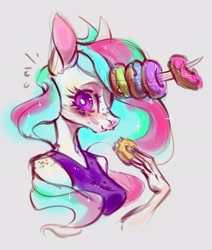 Size: 1734x2048 | Tagged: safe, artist:rozmed, princess celestia, alicorn, anthro, g4, donut, female, food, freckles, gray background, horn, simple background, solo, the uses of unicorn horns