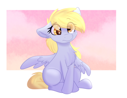 Size: 2376x1826 | Tagged: safe, artist:lbrcloud, derpy hooves, pegasus, pony, g4, abstract background, chest fluff, crossed hooves, cute, derpabetes, ear fluff, female, frown, high res, missing cutie mark, one ear down, ponytober, ponytober 2021, sad, sadorable, sitting, solo