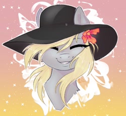 Size: 1374x1272 | Tagged: safe, artist:holomouse, derpy hooves, pegasus, pony, g4, bust, cute, female, flower, flower in hair, gradient background, hat, holomouse is trying to murder us, portrait, smiling, solo, weapons-grade cute
