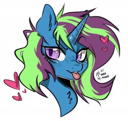 Size: 2048x1930 | Tagged: safe, artist:holomouse, oc, oc only, pony, unicorn, bust, female, heart, horn, mouseholo, simple background, solo, tongue out, unicorn oc, white background