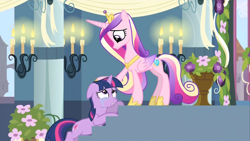 Size: 992x558 | Tagged: safe, edit, edited screencap, editor:incredibubbleirishguy, screencap, princess cadance, twilight sparkle, alicorn, pony, unicorn, a canterlot wedding, g4, alternate ending, alternate scenario, comforting, comforting twilight, concave belly, crown, crylight sparkle, cute, duo, floppy ears, folded wings, hoof on head, hoof shoes, jewelry, looking at each other, looking at someone, peytral, physique difference, princess shoes, regalia, sad, sadorable, shhh, side view, sisters-in-law, slender, stairs, sympathy, tearjerker, thin, unicorn twilight, wings
