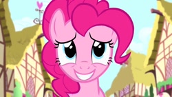 Size: 1280x720 | Tagged: safe, screencap, pinkie pie, earth pony, pony, g4, my little pony: friendship is magic, pinkie pride, season 4, cute, diapinkes, fake smile, female, grin, heart, mare, smiling, solo