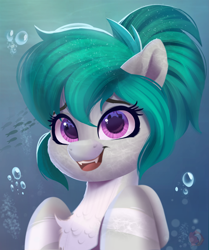 Size: 2989x3582 | Tagged: safe, artist:joaothejohn, oc, oc only, oc:rikka, fish, merpony, original species, pony, shark, shark pony, bubble, chest fluff, cute, digital art, fangs, female, green mane, high res, looking at you, ocean, purple eyes, smiling, smiling at you, solo, teeth, underwater, water