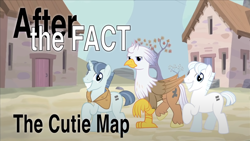 Size: 1280x720 | Tagged: safe, artist:mlp-silver-quill, double diamond, party favor, oc, oc:silver quill, earth pony, hippogriff, pony, unicorn, after the fact, after the fact:the cutie map, g4, deviantart, deviantart logo, equal cutie mark, logo, male, stallion, starlight's village, title card, trio