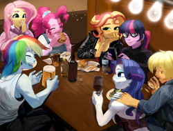Size: 3636x2762 | Tagged: safe, artist:aztrial, applejack, fluttershy, pinkie pie, rainbow dash, rarity, sci-twi, sunset shimmer, twilight sparkle, human, equestria girls, g4, adult, alcohol, alternate hairstyle, beer, blushing, burger, cellphone, clothes, denim, drinking, ear piercing, earring, eating, eyebrow piercing, eyes closed, eyeshadow, female, food, freckles, french fries, glass, glasses, grin, happy, high res, hoodie, humane five, humane seven, humane six, ice cube, jacket, jeans, jewelry, leather, leather jacket, lesbian, makeup, nail polish, older, older applejack, older fluttershy, older pinkie pie, older rainbow dash, older rarity, older twilight, open mouth, overalls, pants, phone, piercing, salad, ship:rarijack, shipping, shirt, smartphone, smiling, soda, sweater, table, tank top, water, water bottle, wine, wine glass