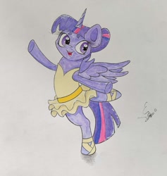 Size: 1403x1481 | Tagged: safe, artist:engi, twilight sparkle, alicorn, pony, g4, ballerina, clothes, costume, female, happy, open mouth, simple background, solo, spread wings, traditional art, tutu, twilarina, twilight sparkle (alicorn), watercolor painting, wings