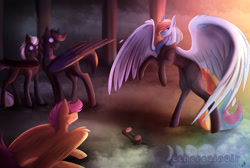 Size: 2340x1575 | Tagged: safe, artist:etherealn0ir, rainbow dash, scootaloo, oc, pegasus, pony, fanfic:pegasus device, fanfic:rainbow factory, g4, 2023, abstract background, ambiguous gender, crying, fanfic art, female, goggles, large wings, rainbow factory dash, standing on two hooves, wings