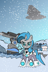 Size: 2194x3300 | Tagged: safe, artist:vareb, oc, oc:tango starfall, pony, unicorn, armor, armored pony, crossover, glare, high res, science fiction, ship, snow, snowfall, solo, spaceship, star destroyer, star wars, stare, turret