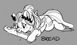 Size: 2221x1301 | Tagged: safe, artist:opalacorn, oc, oc only, oc:void, pegasus, pony, black and white, bread, eating, female, food, gray background, grayscale, laurel wreath, lying down, mare, mole, monochrome, nose piercing, nose ring, piercing, prone, simple background, solo, sploot