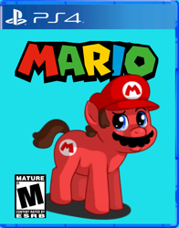 Size: 1096x1395 | Tagged: safe, artist:davidti2006, pony, box art, crossover, cursed image, esrb, game, m rating, male, mario, meme, playstation, playstation 4, rule 85, super mario bros.