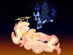 Size: 8000x6000 | Tagged: safe, artist:crazysketch101, oc, oc only, oc:abyss deep, oc:phoenix bright, alicorn, pony, duo, halo, night, reversed, stars, sunset