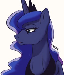 Size: 863x1024 | Tagged: safe, artist:maren, princess luna, alicorn, pony, g4, bust, colored, doodle, female, frown, monochrome, open mouth, peytral, signature, simple background, solo, sternocleidomastoid, white background