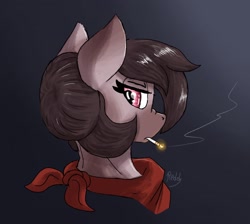 Size: 1860x1668 | Tagged: safe, artist:reddthebat, oc, oc only, oc:number nine, earth pony, pony, bust, cigarette, female, gradient background, hair bun, lidded eyes, looking at you, looking back, looking back at you, mare, mouth hold, neckerchief, smoking, solo