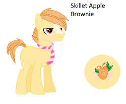 Size: 587x484 | Tagged: safe, artist:panquecadoptables, artist:selenaede, oc, oc only, oc:skillet apple brownie, earth pony, pony, base used, blaze (coat marking), clothes, coat markings, cutie mark, earth pony oc, facial markings, frown, lidded eyes, male, name, offspring, parent:big macintosh, parent:fluttershy, parents:fluttermac, scarf, simple background, solo, stallion, striped scarf, white background