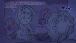 Size: 1202x677 | Tagged: safe, anonymous artist, dahlia, misty brightdawn, earth pony, pony, unicorn, series:misty pov, g5, bouquet, bouquet of flowers, clothes, cornrows, dialogue, duo, ears back, english, eye clipping through hair, eyebrows, eyebrows visible through hair, flower, flower in hair, food, jewelry, limited palette, looking at each other, looking at someone, muffin, necklace, scarf, sketch, steam, tray, unshorn fetlocks, vendor, vendor stall