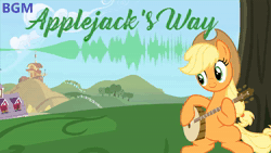 Size: 1920x1080 | Tagged: safe, ai assisted, ai content, artist:bgm, applejack, earth pony, pony, g4, absurd file size, animated, applejack's hat, banjo, brony music, cowboy hat, day, hat, hoof hold, music, musical instrument, outdoors, playing instrument, singing, smiling, so-vits-svc, song, sound, subtitles, sweet apple acres, text, waveform, webm, youtube link