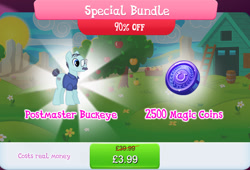 Size: 1264x861 | Tagged: safe, gameloft, postmaster buckeye, earth pony, pony, g4, my little pony: magic princess, bundle, clothes, costs real money, english, facial hair, glasses, magic coins, male, mobile game, moustache, numbers, sale, shirt, solo, stallion, text