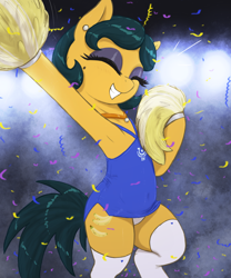 Size: 2500x3000 | Tagged: safe, artist:t72b, cleopatra jazz, earth pony, pony, art pack:cheerleader art pack, g4, alternate clothes, bipedal, cheerleader, clothes, confetti, cute, dress, ear piercing, earring, eyes closed, female, grin, high res, jewelry, necklace, panties, piercing, pom pom, raised hoof, side slit, smiling, socks, solo, stockings, thigh highs, underwear