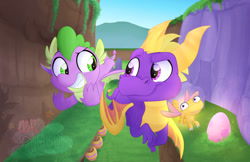 Size: 1111x719 | Tagged: safe, spike, dragon, dragonfly, fly, insect, g4, crossover, flying, spyro the dragon, spyro the dragon (series), video game crossover